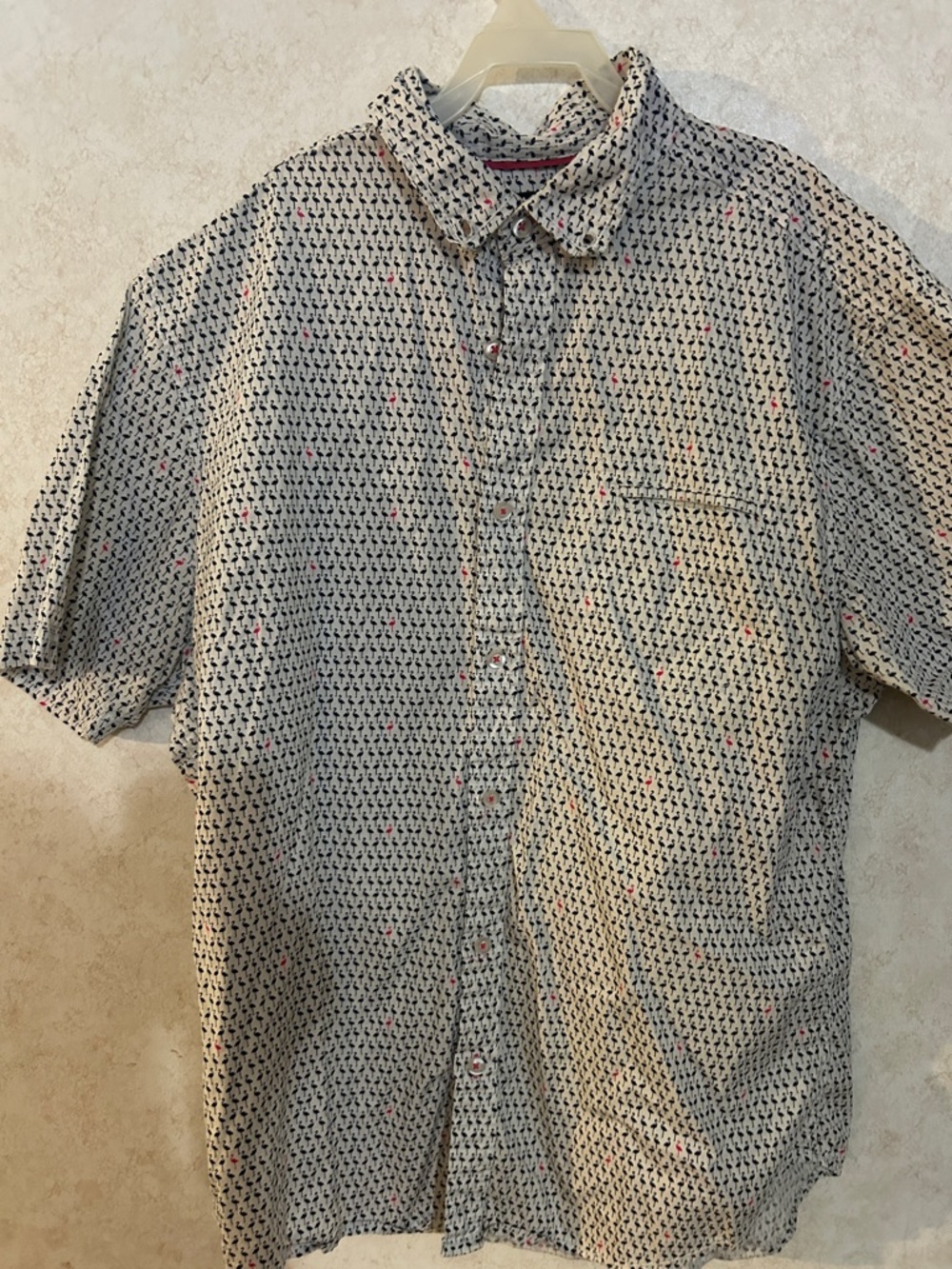 Casual Short-Sleeve Button-Down Shirt in White with Black & Pink Microprint